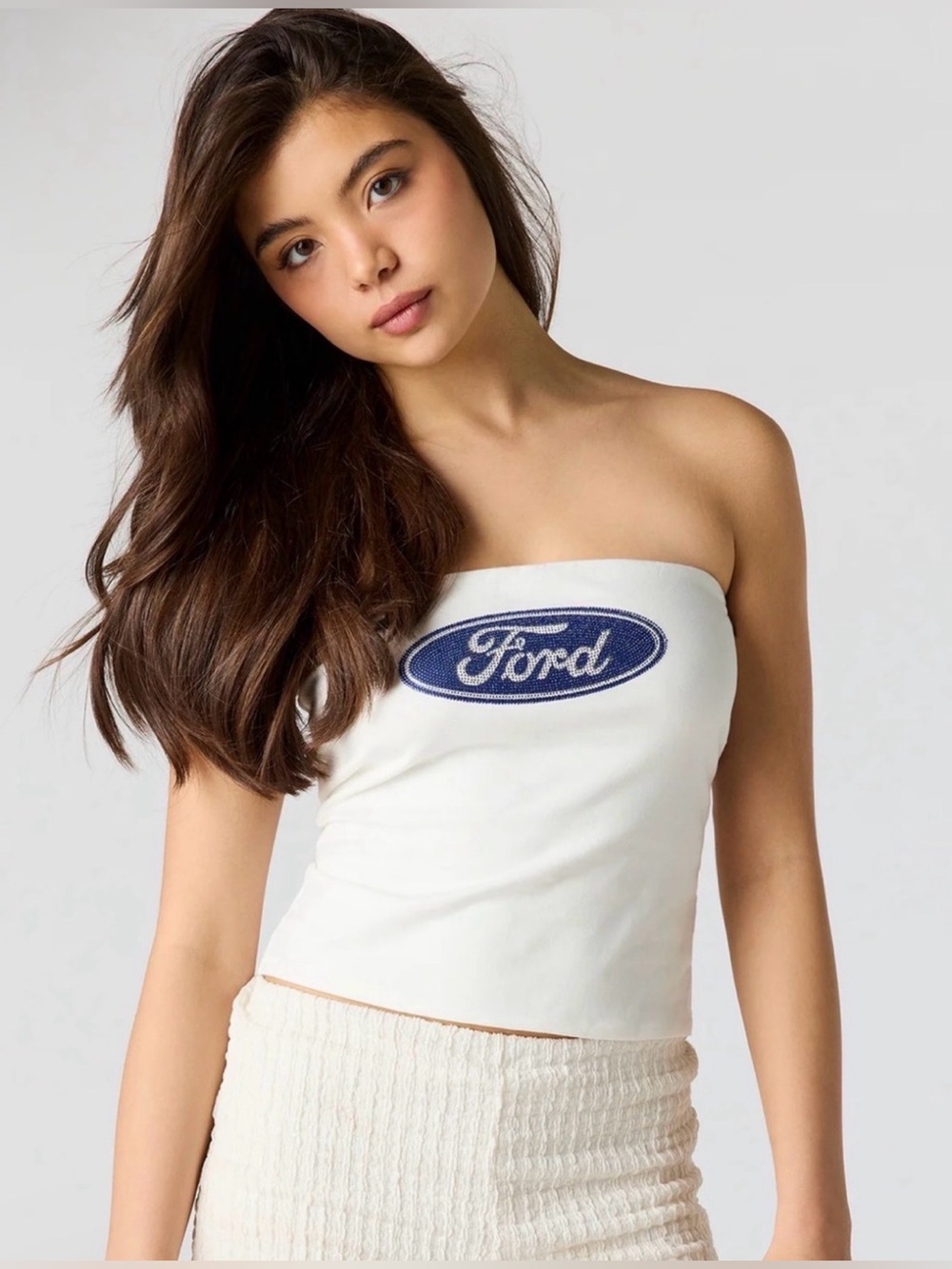 FORD Branded Rhinestone Logo Ivory/White Strapless Tube Top